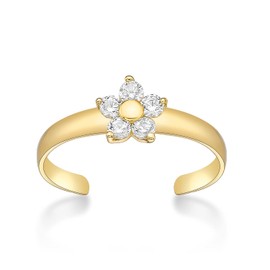 Lavari Jewelers Cubic Zirconia Flower Shaped Toe Ring for Women I 10k Yellow Gold Toe Ring for Her I Adjustable Open Toe Band I One Size Fits Most Toes I 6 mm Wide Body Jewelry