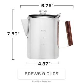 COLETTI Bozeman & Scouts Coffee Set — Percolator Coffee Pot Camping Coffee Maker & Double Wall Stainless Steel Cups — NO Aluminum or Plastic [9 Cup Percolator, 10 oz Cups]