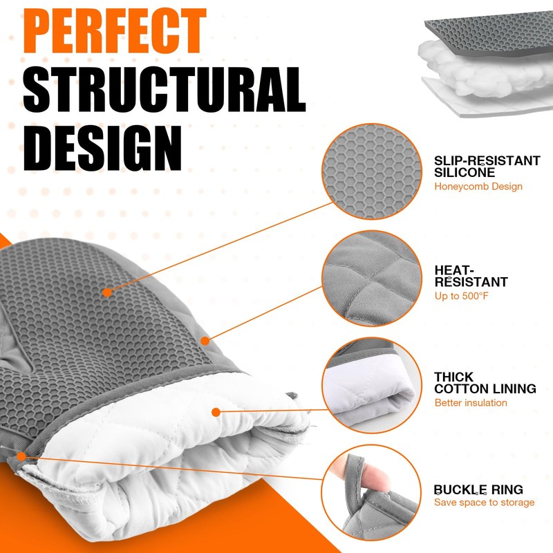 Silicone Oven Mitts, Heat Resistant 2PCS Oven Mitts with Soft