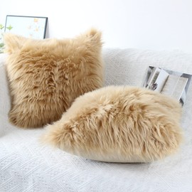 OYIMUA 2 Pieces Soft Decorative Cushion Covers Decorative Cushion Sheepskin Lambskin Faux Fur Long Hair Decorative Cushion Cover Faux Fur Sofa Cushion Cuddly Cushion (Beige, 60 x 60 cm)