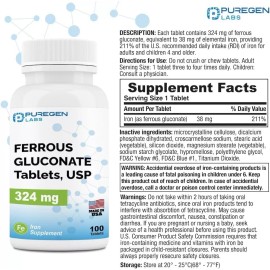 Puregen Ferrous Gluconate 324 mg [High Potency] Iron Supplement 100 tabs 3 Pack