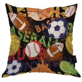 Beabes 18x18 Inch Cushion Case Decor Sport Balls, Graffiti Basketball Baseball Soccer Balls Farmhouse Throw Pillow Cover Home Pillowcase Decorations for Sofa Couch Office Car