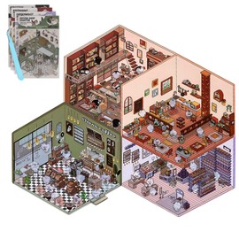 4Sets DIY 3D House Stickers Make Your Own Sticker Supermarket Coffee Shop Restaurant Bookstore 3D House Sticker Set Funny Cartoon Scene Stickers for Relief Stress Pass The Time