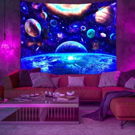 Blacklight Wall Tapestry Fluorescent Planet Pattern UV Reactive Hanging Tapestry for Wall Hanging Home Decor Home Kitchen Decor Products Tapestries (150X130cm / 59X51in)