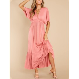 DEEP SELF Womens V Neck Half Sleeve Maxi Dress Summer Casual Long Flowy High Waist Wedding Guest Dress Coral Pink