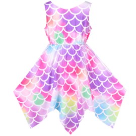 Girls Dress Rainbow Colorful Fish Scale Mermaid Hanky Hem Tail Princess Age 12 Years