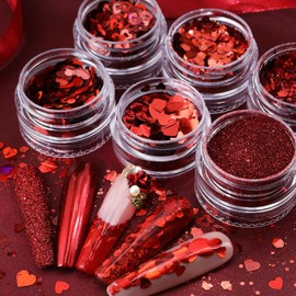 Red Nail Glitter Powder Heart Nail Sequins 6 Jars Valentine Love Heart Nail Art Flakes Powder Kit for Acrylic Valentine Christmas Nails Decorations DIY Crafts