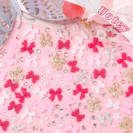 3D Bow Nail Charms and Gems, Pink Color Acrylic Bows for Nails Silver Gold Alloy Nail Bows, Bowknots Flowers Nail Charms and Rhinestones for Acrylic Nails Y2K DIY Nail Art Accessories