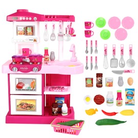 deAO Kitchen Playset Toy Pretend Food with Sounds and Lights Role Playing Game Pretend Food Playset for Toddlers,Pink