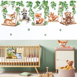 wondever Woodland Animal on Swings Wall Stickers Baby Bear Deer Fox Leaves Peel and Stick Wall Art Decals for Children Nursery Kids Bedroom Living Room