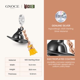 GNOCE Charm Pendant Wicked Elphaba on Broom Flying Pendant S925 Sterling Silver Charm Beads for Bracelet Necklace Jewellery Gift for Fans, Silver, Cubic Zirconia