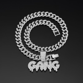 EDINGM Iced Out Cuban Link Chain for Men, Miami Style Silver and Gold Plated Bling Necklace, Diamond Hip Hop Jewelry (Silver Chain+GANG Pendant)