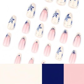 24Pcs Blue Flower Press on Nails Medium Almond French Tip Fake Nails Blue Floral Bow Designs Full Cover Reusable Artificial Nails False Nails Handmade Glue on Nails Summer Stick on Nails for Women