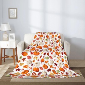 Aowced Fall Pumpkin Throw Blanket,Watercolor Autumn Design with Orange and White Pumpkins, Warm Soft Cozy Flannel Bed Blankets, Modern Farmhouse Decor for Bed, Couch, Sofa and Chair, 60 x 80 inches