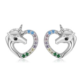 Qings Rainbow Unicorn Earrings, 925 Sterling Silver Heart Shaped Stud Earrings with Colorful Cubic Zirconias, Jewellery Gift for Women Girls Niece Birthday Christmas Thanksgiving Day Valentine's Day