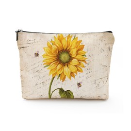 YUMQSEOS Makeup Bag Cosmetic Travel Makeup Bag Organizer Waterproof Makeup Pouch with Zipper Storage Cosmetic Pouch for Women 7x10in - Sunflower Vintage Pattern