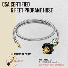 VIEAUBE 6ft Propane Tank Hose Extension with Gauge, POL Propane Tank to 1/4" Inverted Male Flare, 5-100lb Propane Tank Connection to Extend a Stay RV Propane Kit, Dual Regulator
