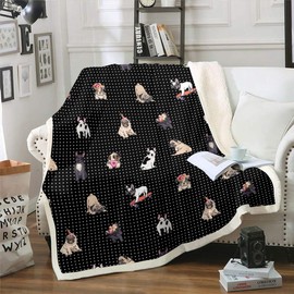 Dog Print Fleece Throw Blanket Puppy Pug Dog Sherpa Blanket for Kids Boys Girls Cute Pet Animal Plush Blanket Black White Polka Dot Fuzzy Blanket for Sofa Bed Couch,Baby 30x40 Inch