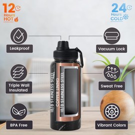 Lexlion Tea Infuser Bottle - Fruit Infuser Water Bottle 32 Oz, Triple Walled Insulated Stainless Steel Bottle, Thermal Leaf Infuser, Silicone Sleeve, Cleaning Brush, 3 Lids Leakproof, Metal Mug Gallon