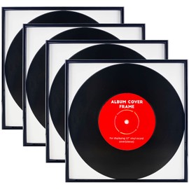 ReqiHome 4 Pack, Black Music Record Album Frame, Display 12.5"x12.5" Music Vinyl LP Album Covers, High light piano finish foil frame moulding, includes hanger