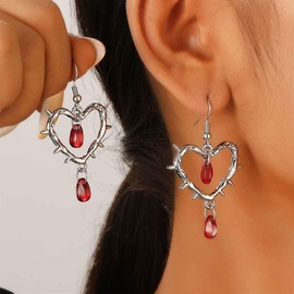 Cybche Thorn Heart Dangle Earrings Silver Hollow Heart Earrings Gothic Thorn Heart Earrings Red Teardrop Crystal Earrings Barbed Wire Dangling Earrings Jewelry for Women