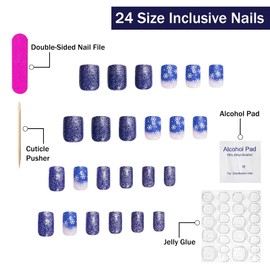 Christmas Press on Nails Short Square SWEKKE Blue Fake Nails False Nails with Designs Snowflake Blue Glitter Gradient Glossy Glue on Nails Stick on Nails Acrylic Nails for Women Girls 24 Pcs