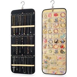 Xosjska 2 Pack Hanging Jewelry Organizer Storage with 43 Pockets and Hooks Dual-Sided Hanging Jewelry Organizers and Storage Hang on Closet, Wall, Door for Earrings, Necklaces, Rings,Blcak