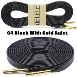 DELELE Flat PU Leather Laces: Waterproof Shoelaces for Sneakers Boot 2 Pair Black With Gold Aglet 63 inch