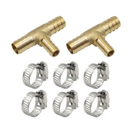 Goldpea Brass Hose Barb Fitting Reducing Tee 1/2" Barbed x 1/4" Barbed x 1/2" Barbed Reducer T-fitting 2pcs with 6pcs Hose Clamps