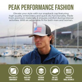 International Tie American Flag Hat - USA Flag Patriotic Trucker Baseball Snapback (Grey/Black)