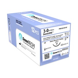 DEMETECH DemeLENE Synthetic Non-Absorbable Polypropylene Suture, DFS-2, 19mm, 3/8 Circle, Reverse Cutting Needle, USP Size 3-0, 18 inches, (45cm), Blue
