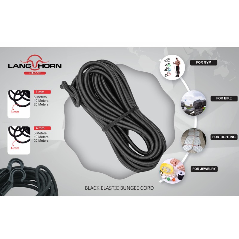 Langhorn black elastic bungee cord, 10 meter 32 feet 5/32”