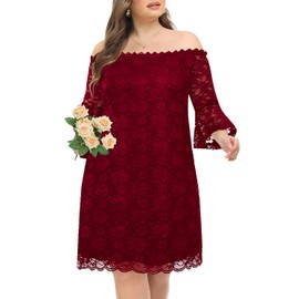 Plus Size Dresses Women Wedding Guest Bridesmaid Burgundy Off Shoulder Cocktail Semi Formal Lace Red Party Short Dress