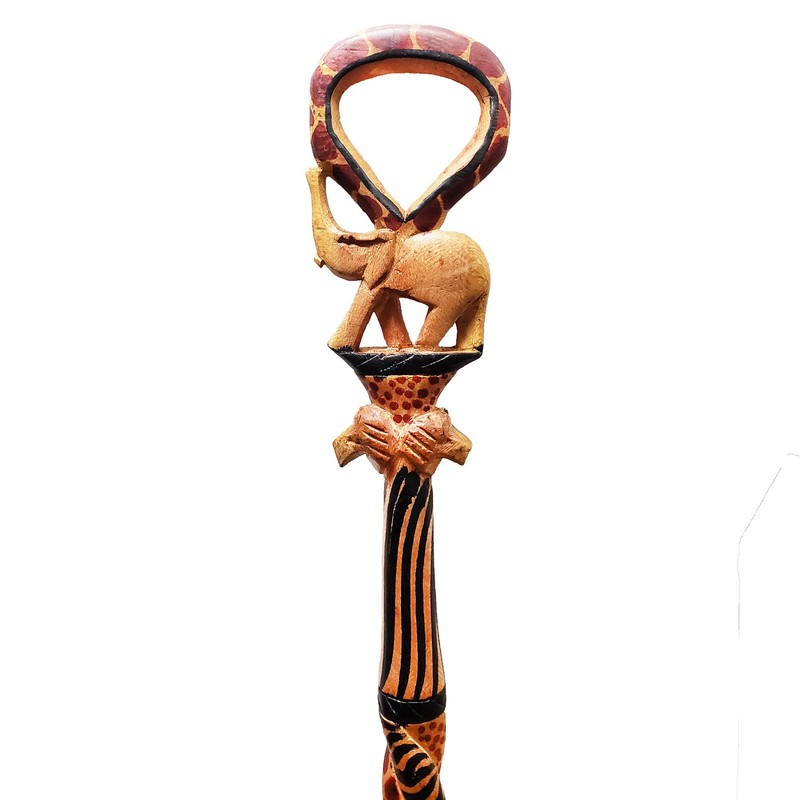 African Wood Decorative Walking Stick (Hand Made in Kenya) (Elephant/Lion