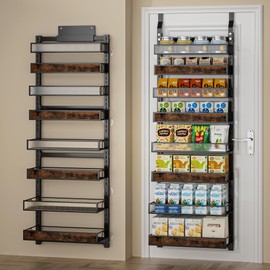 Over The Door Pantry Orangizer,8 Tier Wall Mounted or Over Door Spice Rack with Adjustable Wood Basket and Acylic Basket,Metal Heavy Duty Hanging Door Storage Shelf for Kitchen Pantry and Bathroom