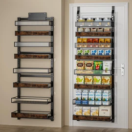 Over The Door Pantry Orangizer,8 Tier Wall Mounted or Over Door Spice Rack with Adjustable Wood Basket and Acylic Basket,Metal Heavy Duty Hanging Door Storage Shelf for Kitchen Pantry and Bathroom