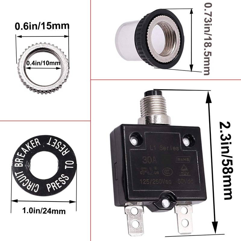 smseace 25Amp Electric Button Breaker 125/250VAC, Thermal Overload Protector L1