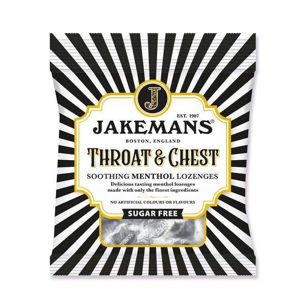 Jakemans Throat & Chest Sugar Free 50g - Pack of 12 - Soothing Menthol Sweets - Suitable for Vegetarians