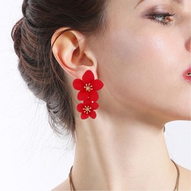 Flower Dangle Earrings,Boho Double Layered Floral Petal Drop Earrings Statement Stud Earring Multicolor Double Flowers Dangle Earings for Women Girls (red)