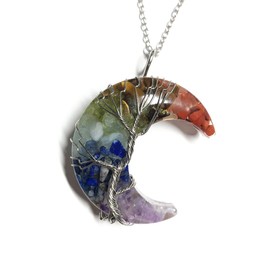 CH.yishi Tree of Life Necklace Moon Natural Raw Clear Rock Crystal Quartz Pendant Silvery Wire Wrapped Reiki Chakra Healing Jewelry for Yoga Meditation Good Energy Gift for Women (Colorful stone)
