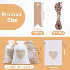 HMIEPRS 30 Pcs Burlap Bags with 30 Tags and Drawstring, Linen Heart Hessian Bag, Jute Cloth Jewellery Candy Favour Pouches for Wedding Christmas Birthday Party DIY Craft(White Beige Grey, 14x10cm)