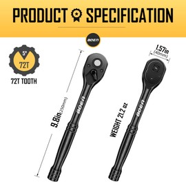 1/2 Inch Drive Ratchet, 72-Tooth Quick-Release Ratchet Wrench, 5-Degree Swing, Reversible, Chrome Alloy Made, Black Phosphate Coating.
