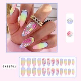 Vezocim Flower Press on Nails Pointed Shapes, 24Pcs Rainbow Medium Artificial Fake Nails with Floral Designs, Full Cover Rhinestone Acrylic False Nails, Stick on Fingernails for Women(B1703)