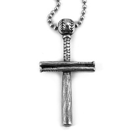 Baseball Bat And Ball Cross On Ball Chain Necklace Antique Silver Finish Pewter Softball