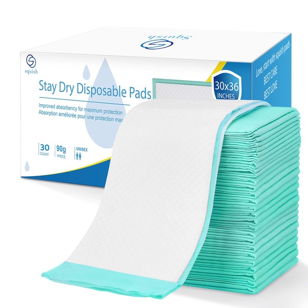 squish Disposable Bed Pads for Incontinence, 30 Count Ultra Absorbent Pee Pads Chuck Pad with Adhesive Strips, Large Bed Liner for Adults, Elderly, Babies and Kids(30 x 36 Inches)