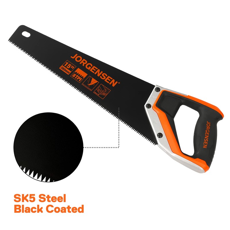 JORGENSEN 15” Hand Saw, Black Coated Coarse Handsaw 8TPI for