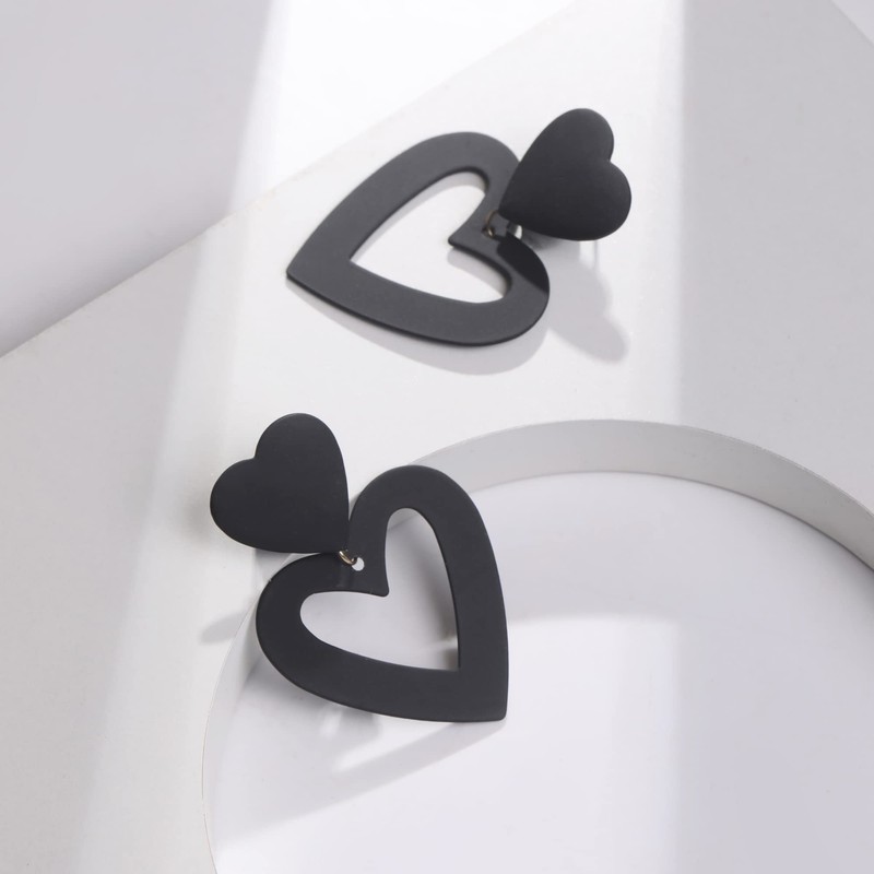 PopTopping Double Heart Earrings Dangling Black Heart Dangle Earrings Love