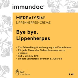 immundoc Herpalysin Lip Herpes Cream 7 ml, Lip Cream for Prevention and Treatment of Fever Blisters, with L-lysine, Zinc and Echinacea, Clinically Tested