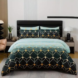 Soifox Double Duvet Set Microfiber Green Double Bedding Set with 2 Pillowcases, Breathable Non Iron Reversible Geometric Duvet Double Cover Set with Zipper Closure, 3Pcs, 200x200cm
