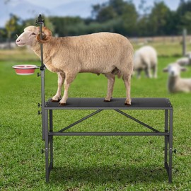 Goat Stand for Milking with Feed Bin, 47x23 inch Metal Livestock Trimming Stand, 600LBs Goat Milking, Sturdy Sheep Stand, Adjustable Height 44.5" to 67.8" Sturdy Sheep Stand for Goats and calves